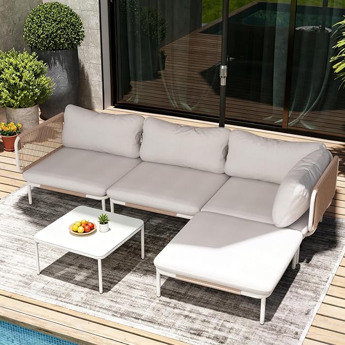 5-Piece Modern Outdoor Sectional Sofa with Coffee Table - 31" Deep Seating Patio Conversation Set, Weather-Resistant Low-Profile 11" Seat Height Lounge Seats for Deck, Porch & Backyard, Beige