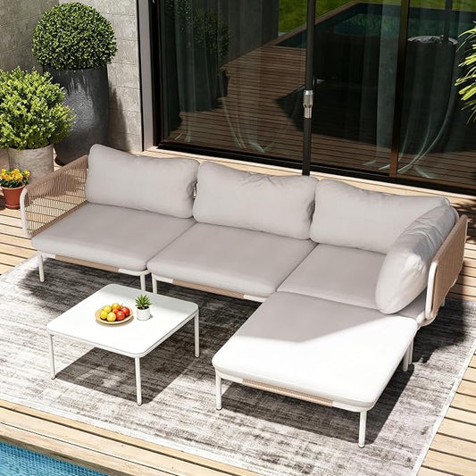 5-Piece Modern Outdoor Sectional Sofa with Coffee Table - 31" Deep Seating Patio Conversation Set, Weather-Resistant Low-Profile 11" Seat Height Lounge Seats for Deck, Porch & Backyard, Beige