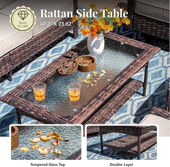 MIXPATIO 6-Piece Wicker Patio Furniture Set with Swivel Chairs, High Back Outdoor Sofa with 5.5-inch Thick Cushion, All-Weather Wicker Patio Conversation Set for Deck Yard Pool, Beige