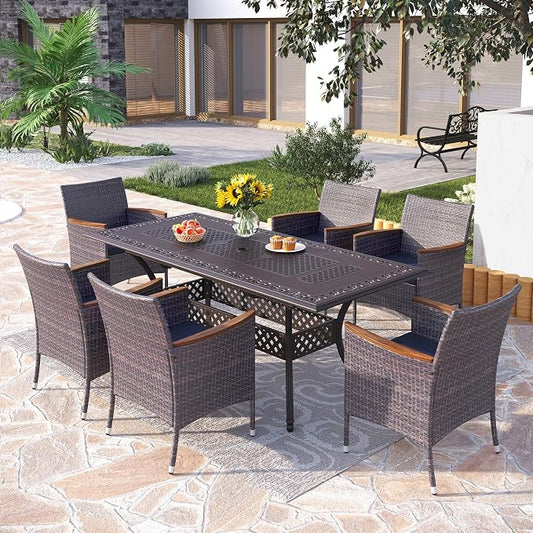 PHI VILLA 7 Pieces Expandable Cast Aluminum Outdoor Dining Set for 6, Extendable Metal Table with Umbrella Hole & Cushioned Wicker Rattan Chairs, Dining Furniture Set for Patio, Deck, Porch and Yard