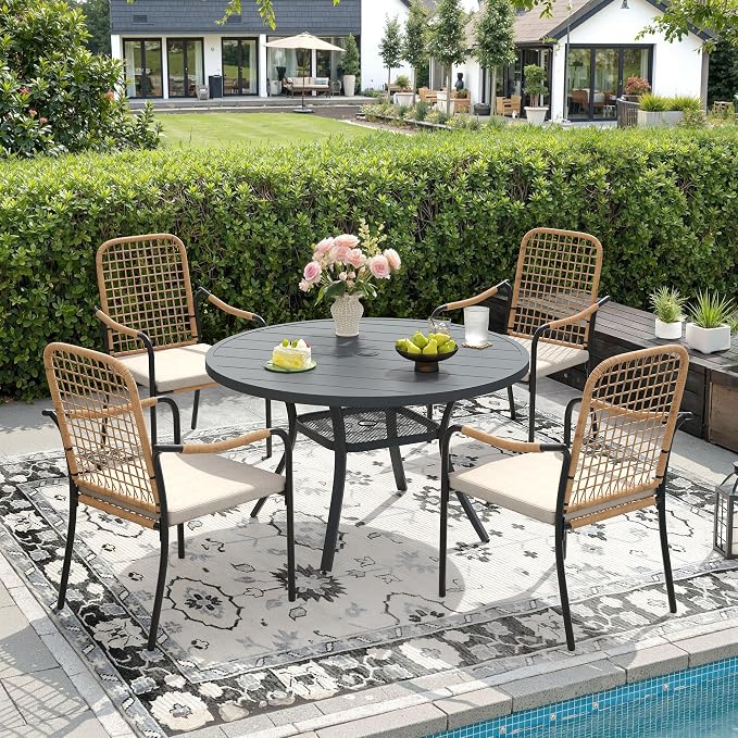 DIFY 5 Pieces Outdoor Dining Set for 4, 40.6" Round Dining Table with Umbrella Hole & Wicker Stackable Patio Chairs with Cushions, Metal Patio Table and Chairs Set for Backyard Porch Garden, Grey