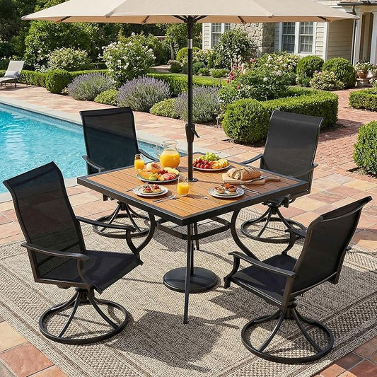 NATURAL EXPRESSIONS Patio Table and Chairs Set for 4,5 Piece HDPS Outdoor Dining Set with 4 Swivel Dining Chairs,Textilene Mesh Fabric,36" Fauxwood Patio Dining Table with Umbrella Hole for Garden