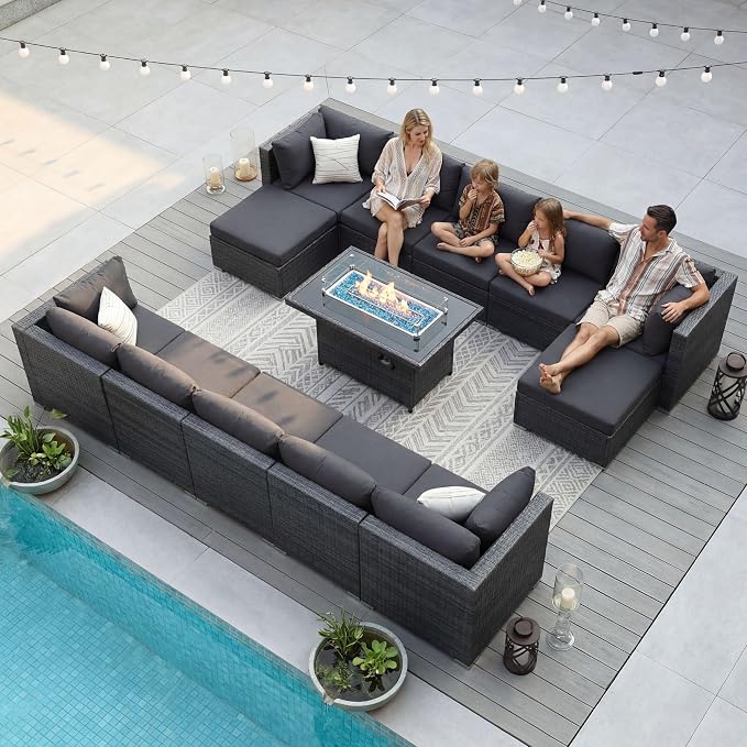 NICESOUL 13 Piece Contemporary Patio Furniture Set with Firepit Table Natural Gas/Propane, 29.3'' High Backrest Outdoor Sofa Conversations, 9 Seats Deep Wide Seating Wicker Sectionals, Dark Gray
