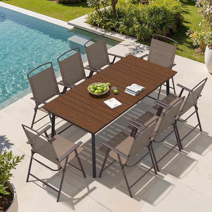 Crestlive Products 9 Piece Patio Dining Set, 70" Walnut Metal Outdoor Table and 8 Folding Chairs, with Umbrella Hole for Porch Poolside Yard Garden, Brown