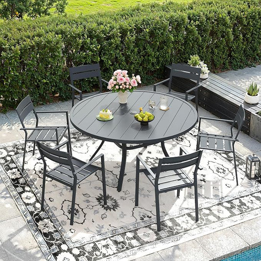DIFY 7 Piece Outdoor Patio Dining Set for 6, Patio Table and Chairs Set with Umbrella Hole, 47.2" Round Dining Table and Stackable Metal Chairs for Backyard Garden Poolside, Grey