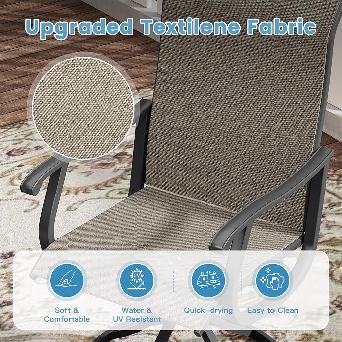 DIFY Outdoor Dining Set for 8, 9 Piece Patio Table and Chairs Set, Swivel Patio Dining Chairs with Brown Textilene & 63" Walnut Round Metal Dining Table with Umbrella Hole, for Garden Backyard Deck