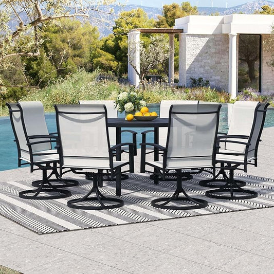 9-Piece Outdoor Dining Set for 8 – 60" Black Round Outdoor Table with Umbrella Hole & 8 White Patio Swivel Chairs, All-Weather Patio Furniture