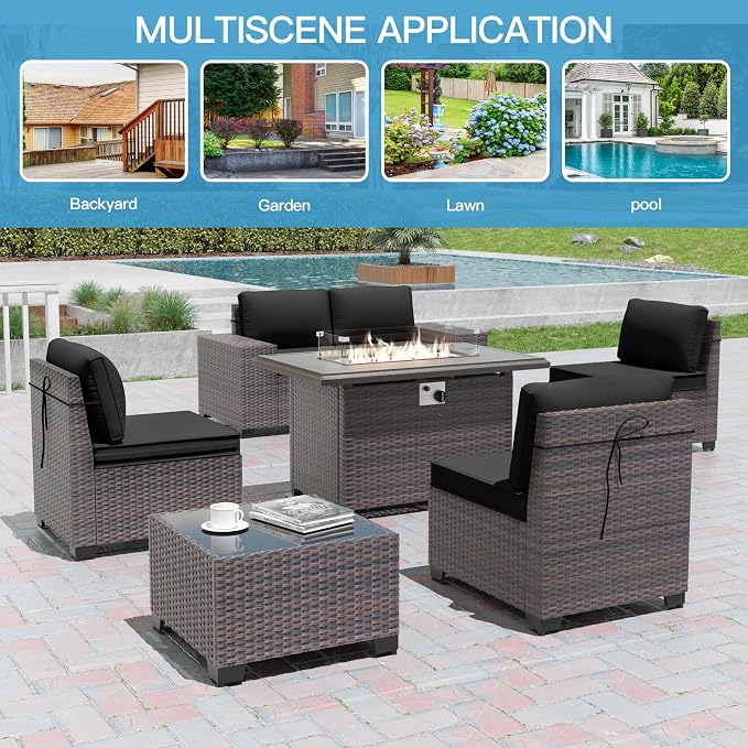 7 Pieces Outdoor Patio Furniture Set with 43"/55000BTU Gas Fire Pit Table,PE Rattan Wicker Outdoor Conversation Sofa Set Non-Slip Cushions Waterproof Covers for Backyard,Poolside,Garden,Black