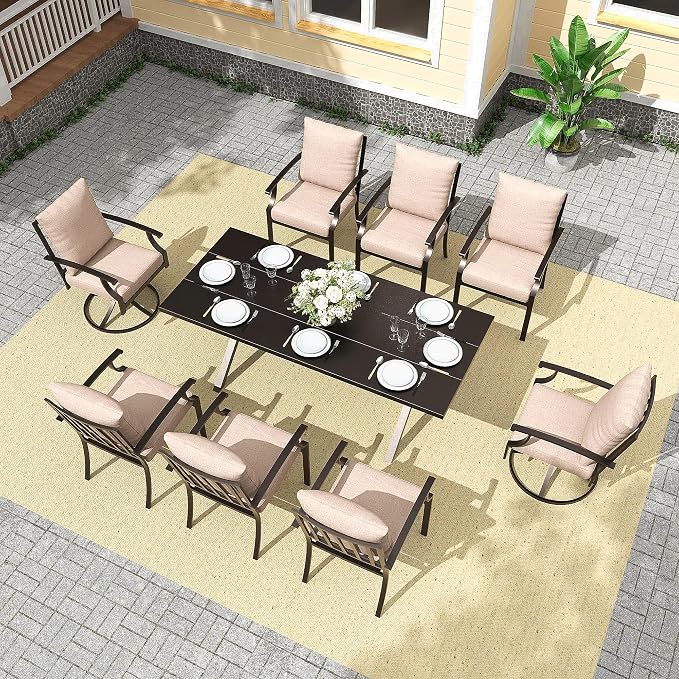 Gotland 9 Piece Outdoor Dining Set, Metal Outdoor Table and Swivel Chairs with X-Shaped Legs 1.5" Umbrella Hole, Patio Furniture Set with Waterproof Cushions, Patio Dining Sets for Backyard Deck Khaki