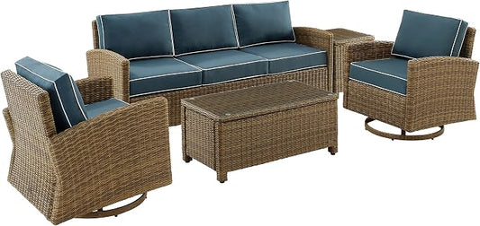 Crosley Furniture Bradenton 5-Piece Wicker Outdoor Sofa and Swivel Rocker Patio Furniture Set for Porch, Brown with Navy Cushions