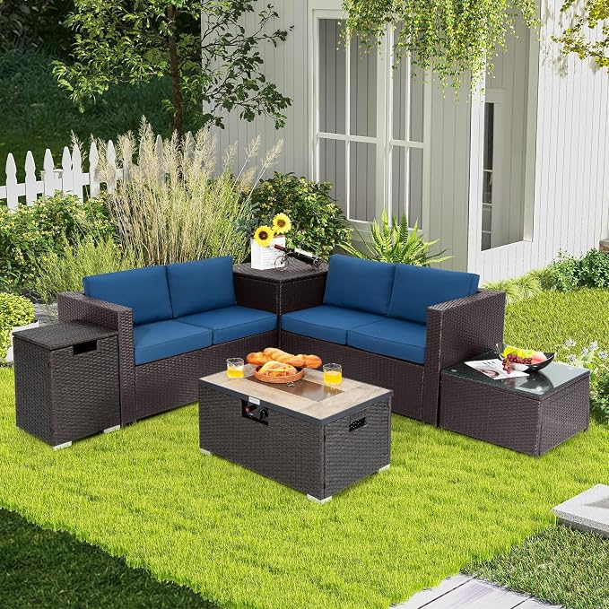 Tangkula 6 Pieces Patio Wicker Furniture Set with 32 Inches Propane Fire Pit Table and Tank Holder, Outdoor Conversation Set with Storage Box and Coffee Table, 2 Waterproof Covers Included (Navy)