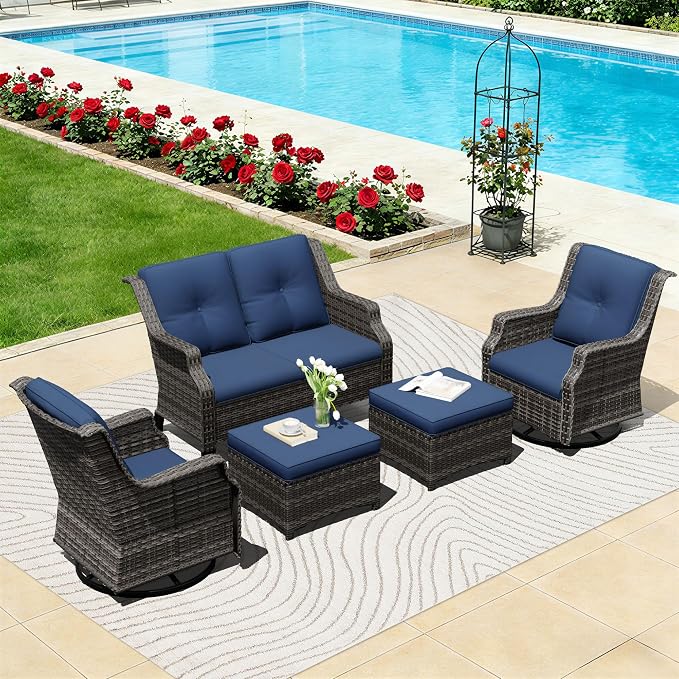 Outdoor Patio Furniture Set, 5 Piece Wicker Patio Furniture with Thick Cushions, Curved Armrest, Deep Seating, Outdoor Swivel Rocker Chairs for Porch, Deck, Balcony