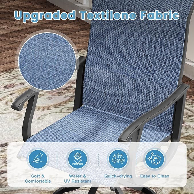 DIFY Outdoor Dining Set for 6, 7 Piece Patio Table and Chairs Set, Swivel Patio Chairs with Blue Textilene & 63" Black Rectangle Metal Dining Table with Umbrella Hole, for Garden Backyard Deck