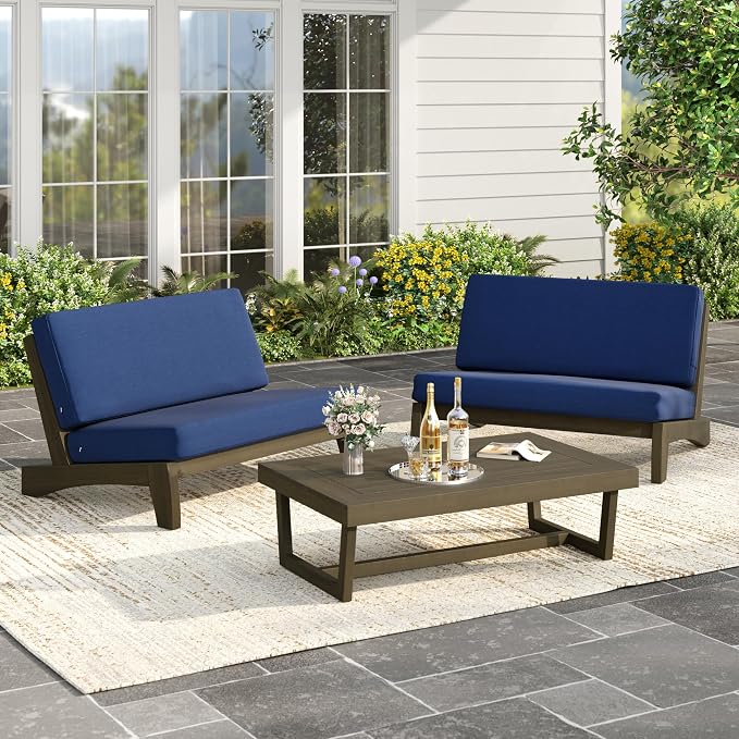 Wood Patio Furniture Sets, 3 Pieces All Weather Patio Loveseat Sofa Outdoor Sectional Futniture Backyard Conversation Set with Solid Wooden Coffee Table - Navy Blue