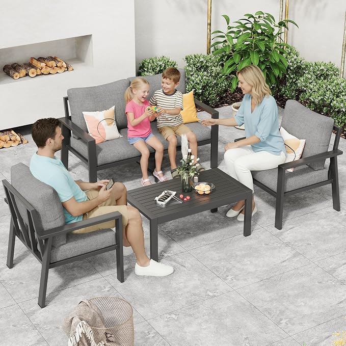 Aluminum Outdoor Patio Furniture Sets All-Weather Patio Conversation Set Sectional Sofa with Coffee Table & Cushions w/Removable Covers for for Deck Backyard Garden Poolside Balcony Porch
