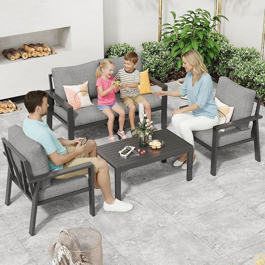 Aluminum Outdoor Patio Furniture Sets All-Weather Patio Conversation Set Sectional Sofa with Coffee Table & Cushions w/Removable Covers for for Deck Backyard Garden Poolside Balcony Porch