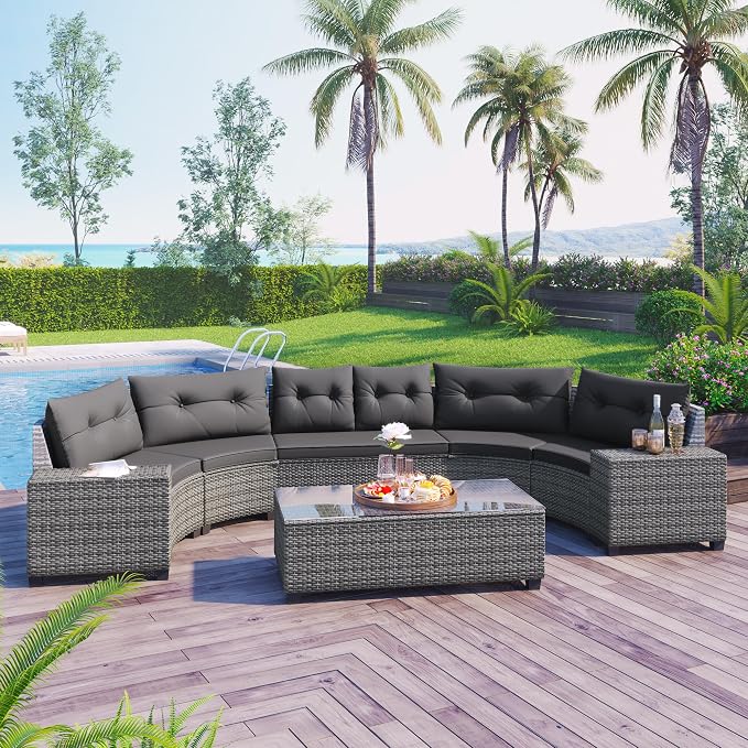 8 Piece Outdoor Wicker Round Sofa Set, Half-Moon Sectional Set with Tempered Glass Top Rectangular Coffee Table, Curved Patio Conversation Seating Set for Porch Backyard, Grey