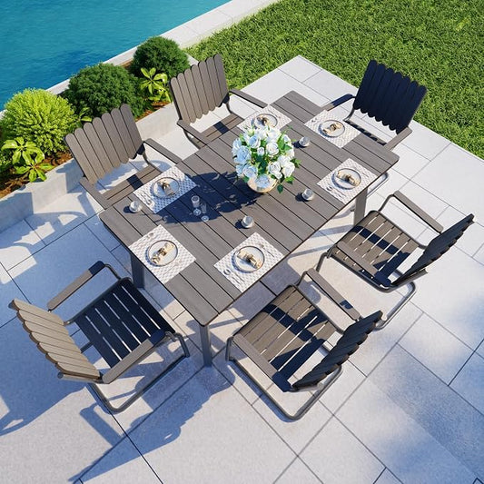 7 Pieces Outdoor Dining Set for 6, Patio Table and Chairs Set with Umbrella Hole, All-Weather HDPE Outdoor Furniture Sets for Backyard Poolside Lawn Garden (Charcoal)