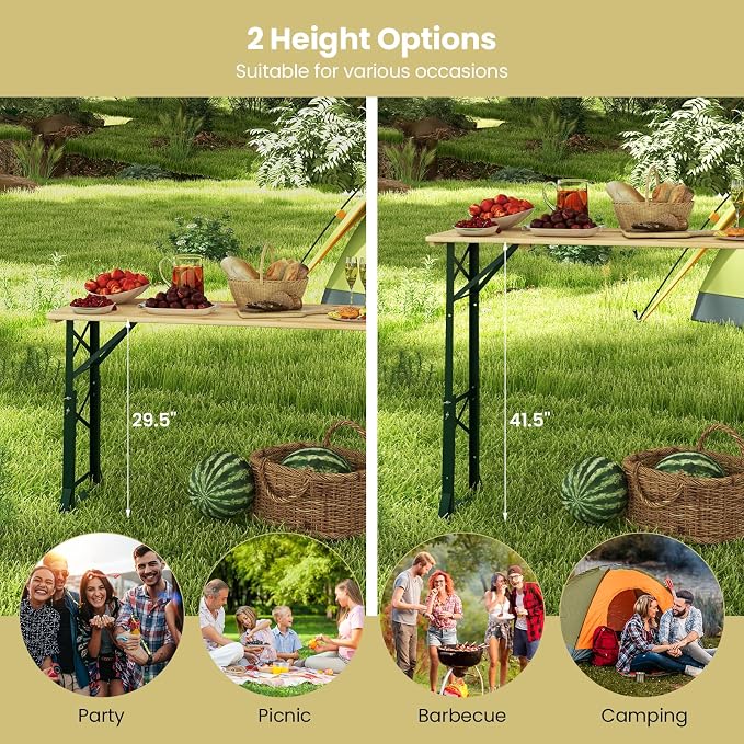 Giantex Folding Picnic Table, 66.5” Outdoor Patio Beer Table with Adjustable Heights, Rectangular Wood Portable Dining Table for Camping, RV, Garden, Party, Backyard, Natural