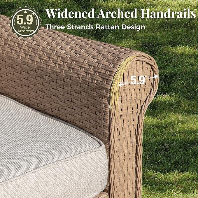 MIXPATIO Patio Furniture Set 6 pcs, Wicker Outdoor Patio Furniture, 3-Seat Sofa, 2 Single Sofas, 2 Ottomans and Coffee Table, Rattan Outdoor Conversation Set for Backyard Deck, Beige