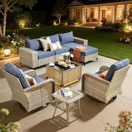 HOOOWOOO 8 Pieces Patio Furniture Set,L Shaped Outdoor Sectional Couch with Swivel Chiars Solar Table, Pe Wicker All Weather Outside Conversation Sofa Ottoman Set,Denim Blue