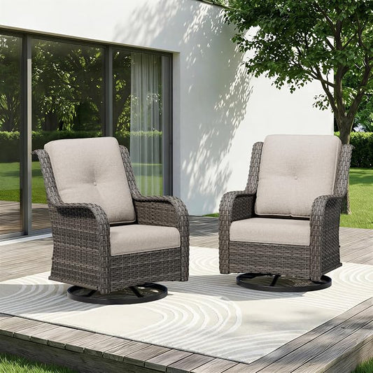 Swivel Rocker Patio Chairs Set of 2 - Outdoor Wicker Patio Furniture Set 2 Pieces with Thickened Olefin Cushions, High Back and Deep Seating, Hand-Woven PE Rattan for Porch, Deck, Beige