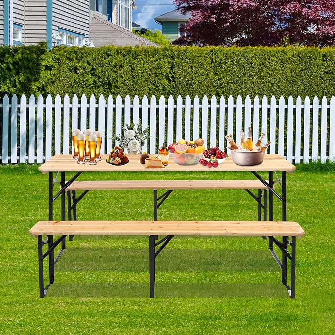 VINGLI 6 Foot Folding Picnic Table with Benches, Weather-Resistant Wood Beer Camping Table w/Carrying Handles, for Family Garden Patio Outdoor Activities Use, at Home and Commercial
