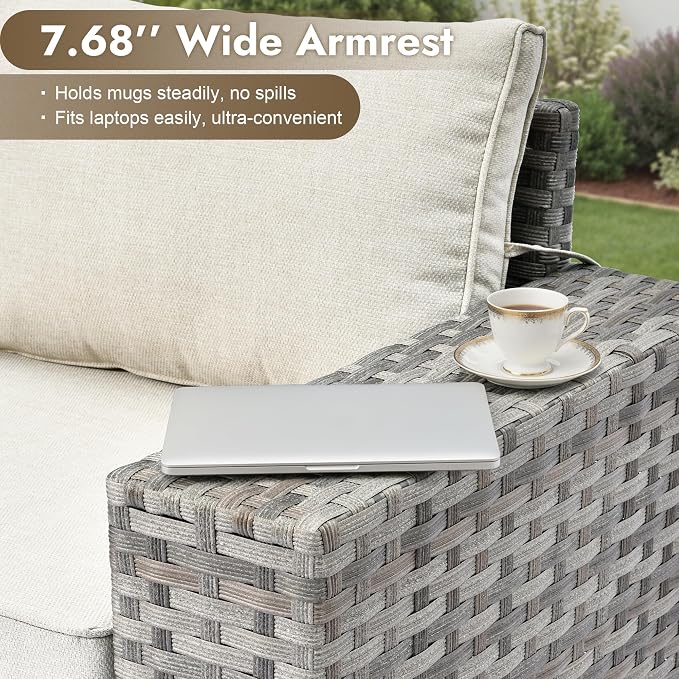 6 Pieces Patio Furniture Set, Wicker Outdoor Sectional Sofa with Coffee Table Comfy Cushions, Modern Modular Deep Seat Rattan Couch Conversation Set for Backyard Porch Yard,Beige