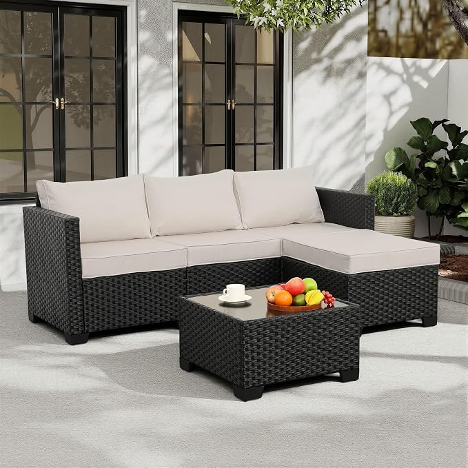 Rattaner Outdoor Furniture Set 3 Pieces Wicker Patio Furniture Outdoor Sectional Patio Couch Outdoor Coffee Table All-Weather Non-Slip Cushions Waterproof Covers, Khaki