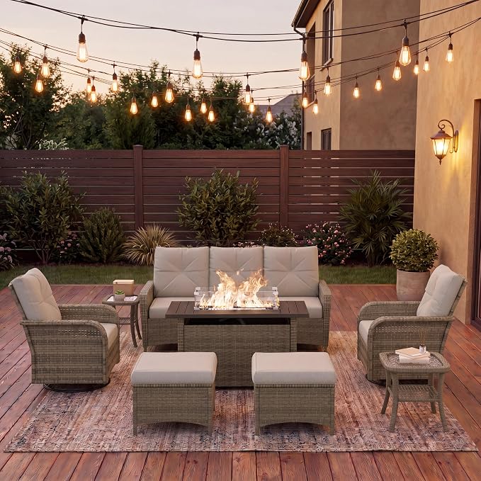 LazySunsets 9 Piece Outdoor Patio Furniture Set with 44'' Fire Pit Table, Wicker Rattan Outdoor Furniture with High Back Swivel Rocker Chairs, Outdoor Sofa Set with Thick Cushions & Ottoman, Grey