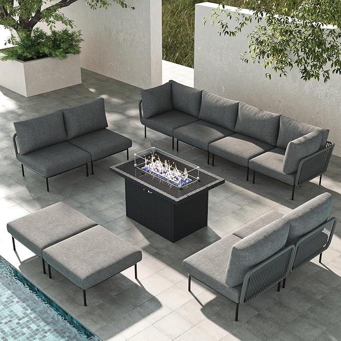 LayinSun 11 Pieces Aluminum Patio Furniture Set, Modern Modular Sectional Sofa with Fire Pit Table and Upgrade Thickness Cushion