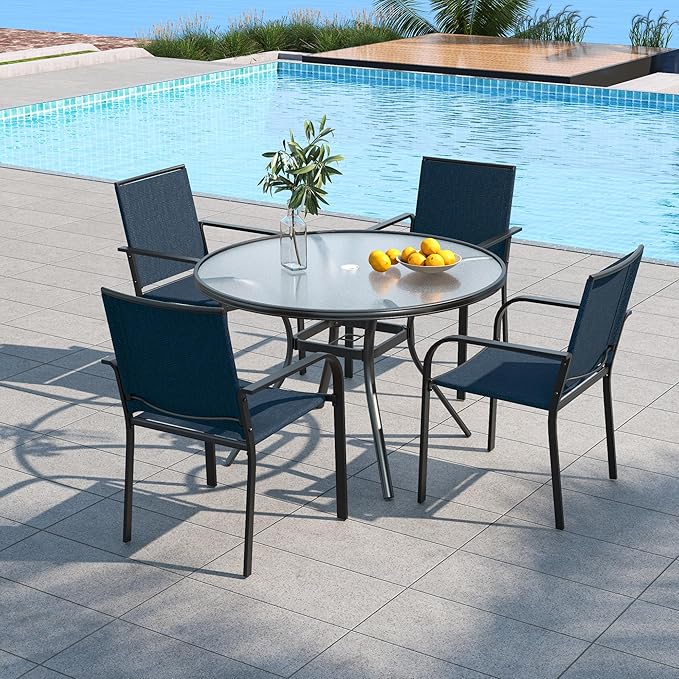 Outdoor Patio 40" Round Glass Table and Navy Stackable Chairs Dining Set 5 | 4 Piece Stackable Chairs Textilene Seat and Back, Table and Chair with Metal Frame, Round Glass Table Top, 1.7" Umbrella Hole