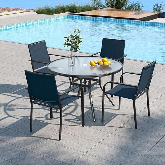 Outdoor Patio 40" Round Glass Table and Navy Stackable Chairs Dining Set 5 | 4 Piece Stackable Chairs Textilene Seat and Back, Table and Chair with Metal Frame, Round Glass Table Top, 1.7" Umbrella Hole