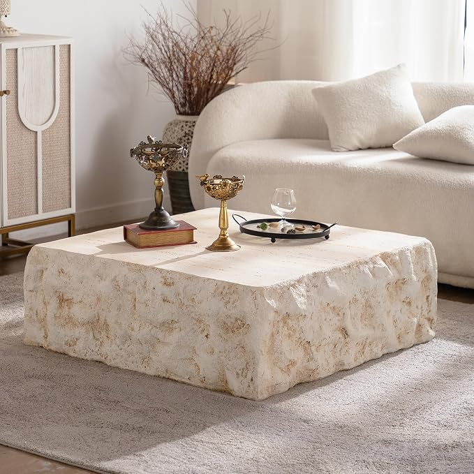 Square Coffee Table for Living Room Outdoor Faux Stone Coffee Table Amber Travertine Concrete Pattern, 35.43" Modern Low Center Tables, No Need Assemble,Beige