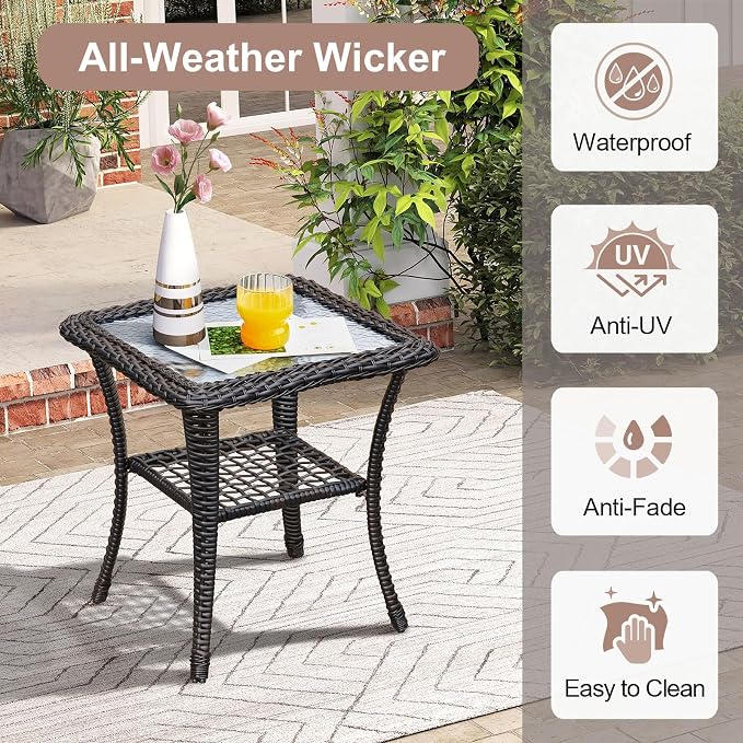 BABYLON Indoor Outdoor Coffee Table, All-Weather Wicker Tempered Glass Top Side Table, Indoor Outdoor Patio End Table with Storage Space, 20''x 20''x20''