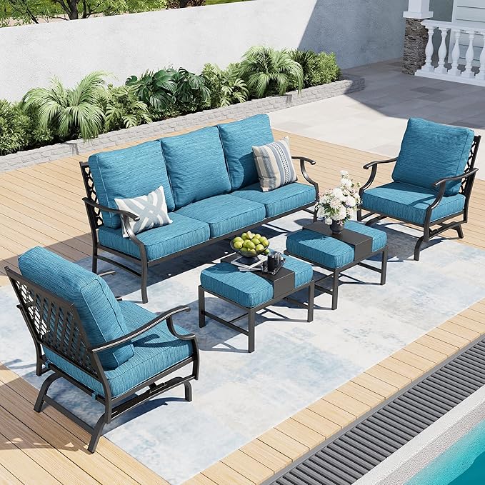 SUNSHINE VALLEY 7 Piece Metal Outdoor Patio Furniture Sets, Patio Conversation Sets 3-Seater Sofa, 2 Rocking Chair, 2 Ottomans with 5.75" Thick Cushion, All-Weather Frame Backyard Furniture, Blue-2