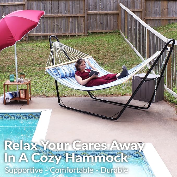 Sunnydaze Quilted Double Hammock with Stand for Outside - 440 lb Capacity Universal Black Steel Stand - UV Resistant, Quick Dry Fabric - Pillow, Chains, and Hardware Included - Misty Beach
