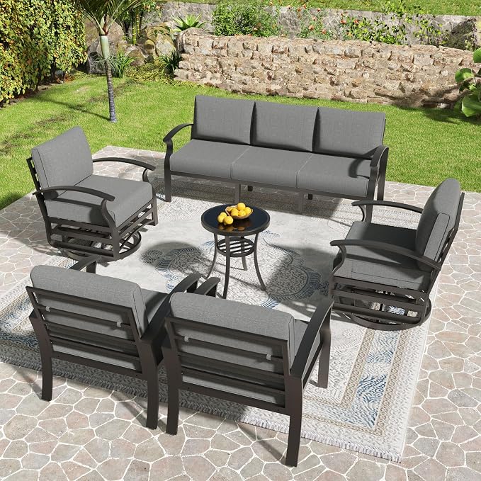 Kullavik Aluminum Patio Furniture Set,6 Piece Modern Metal Outdoor Patio Furniture w/5.1'' Thick Cushion and Swivel Chairs,Patio Conversation Sets for Porch,Deck,Grey