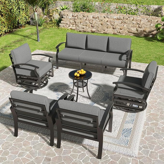 Kullavik Aluminum Patio Furniture Set,6 Piece Modern Metal Outdoor Patio Furniture w/5.1'' Thick Cushion and Swivel Chairs,Patio Conversation Sets for Porch,Deck,Grey