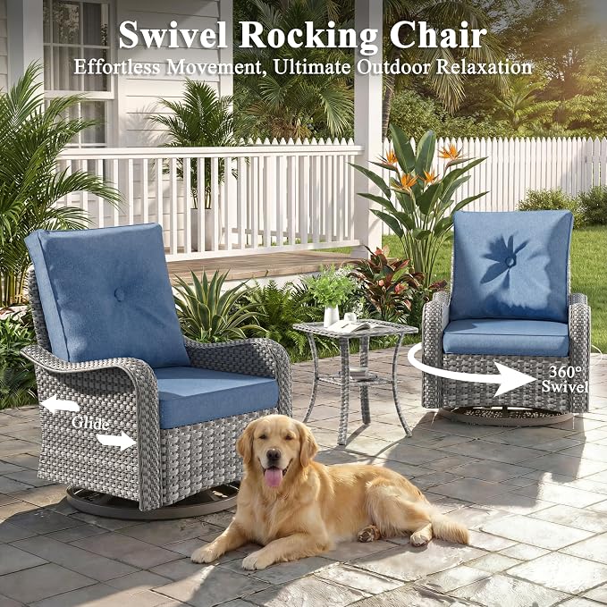 3 Piece Patio Furniture Set with Swivel Rocking Chairs, Outdoor Wicker Conversation Set with 4" Cushions, Glass Side Table, PE Rattan and Rust-Resistant Frame, Navy