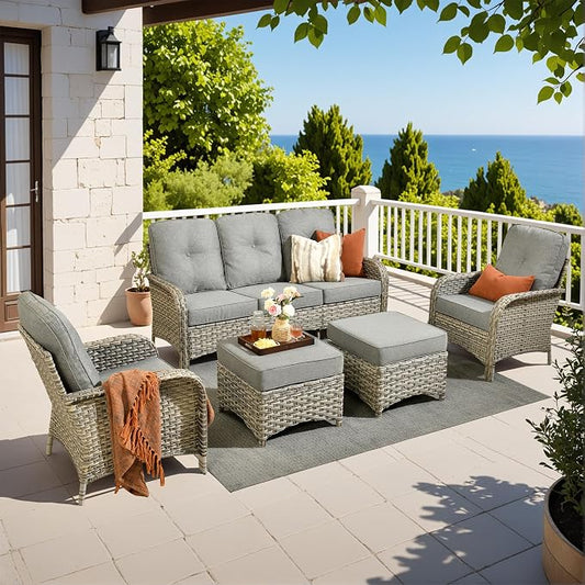 5-Piece Outdoor Patio Furniture Set,All Weather Wicker Rattan Patio Seating Sofa and Chair Set with Ottomans,Outdoor Conversation Sets with 3 Seater Couch for Porch Deck Yard,Grey