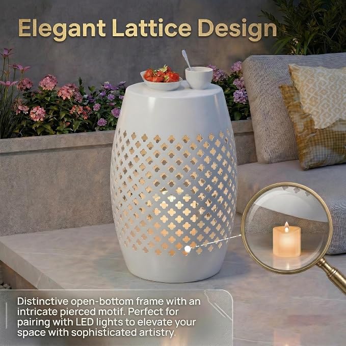 12.5" Steel Outdoor Side Table, Hollow Drum Metal Patio End Table & Ambient Lantern, Decorative Geometric Accent Table for Garden, Balcony and Poolside, No Assembly, White