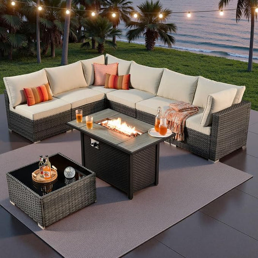 ovios Outdoor 8 Piece Patio Furniture Set with Fire Pit Table,Conversation Sectional Wicker Couch with Coffee Table,Modern Outside Sofa for Balcony Backyard, Beige