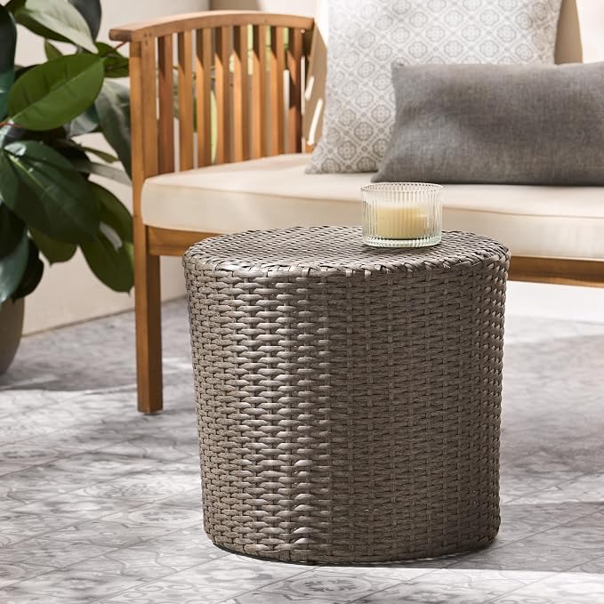 Rattan Side Table Round Small Coffee Table French Country Rustic Wicker Side Table End Table for Indoor Outdoor Patio Living Room Light Grey