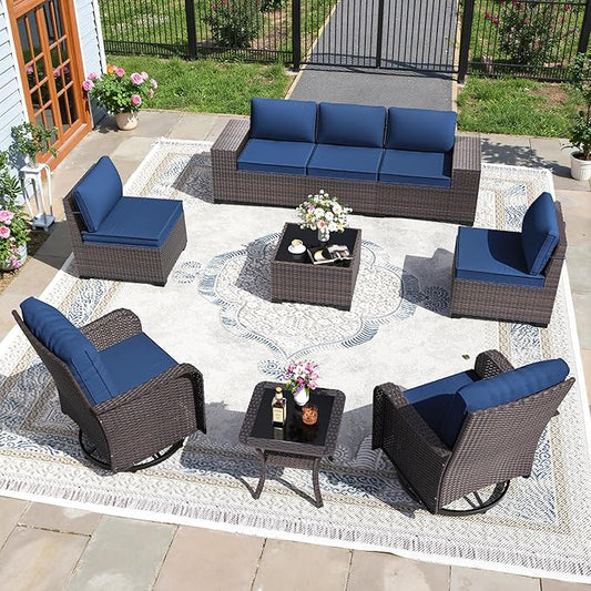 9 PCS Outdoor Patio Furniture Set,Outdoor Sectional Furniture All Weather PE Rattan Wicker Patio Conversation Set,Swivel Rocking Chairs Set,Navy Blue