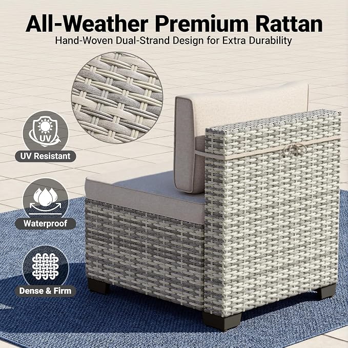14-Piece Patio Furniture Set, Outdoor Sectional with Thick Cushions, Modular Patio Sofa, Dual-Strand Wicker Rattan, Rust-Resistant Frame, Backyard Furniture for Garden, Deck, Khaki