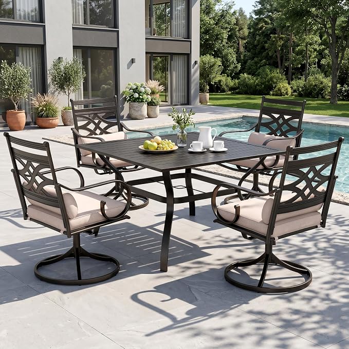 Sophia & William Patio Dining Set, Steel, Black | Umbrella Hole, Swivel Chairs, E-Coated, Cushions Included, For Patio, Garden and Yard