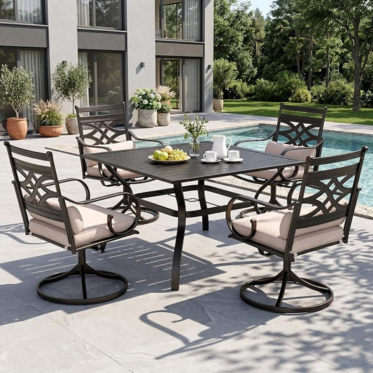 Sophia & William Patio Dining Set, Steel, Black | Umbrella Hole, Swivel Chairs, E-Coated, Cushions Included, For Patio, Garden and Yard