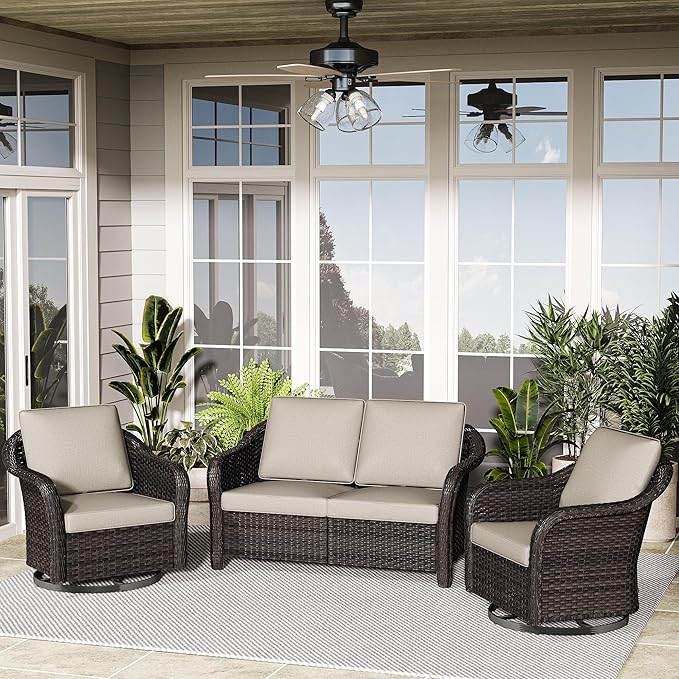 3 Pieces Patio Conversation Set, 55" Sofa with Washable Cushions, Wicker 360 Degree Swivel Glider Rocker Chairs, Wicker 2-Seat Couch for Garden, Lawn (Beige)