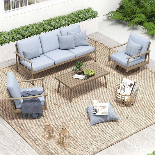 HAPPATIO Patio Outdoor Furniture Set - 4 Piece Aluminum Patio Conversation Set with 1 Coffee Table, 2 Swivel Chairs and 1 Three-Seater Sofa, Aluminum Outdoor Furniture Set for Yard Deck(Brown)